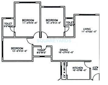 Floor plan of 3 BHK 1295 Sq. Ft. Apartment in Oberoi Realty Gardens, Mumbai