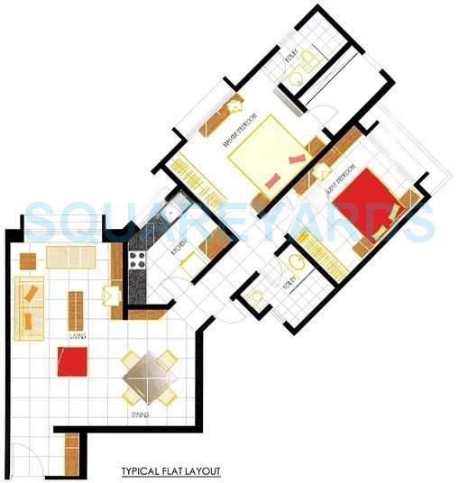 Floor plan of 2 BHK 1080 Sq. Ft. Apartment in Oberoi Realty Park View, Mumbai