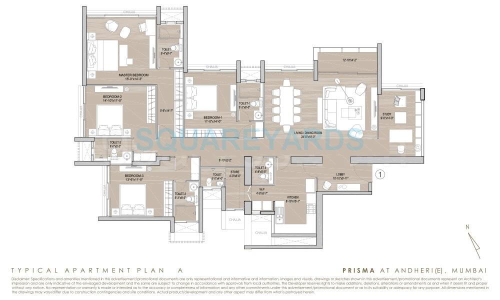 Floor plan of 4 BHK 1862 Sq. Ft. Apartment in Oberoi Realty Prisma, Mumbai