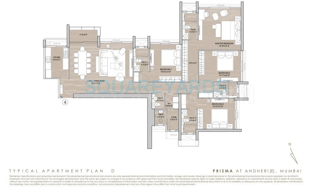 Floor plan of 4 BHK 2103 Sq. Ft. Apartment in Oberoi Realty Prisma, Mumbai