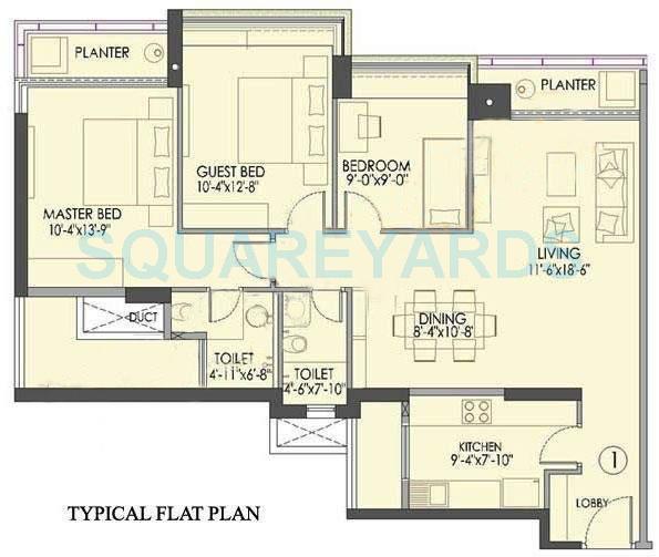Floor plan of 3 BHK 1377 Sq. Ft. Apartment in Oberoi Realty Splendor, Mumbai