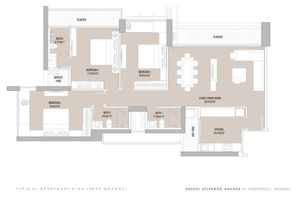 Floor plan of 3 BHK 1377 Sq. Ft. Apartment in Oberoi Realty Splendor Grande, Mumbai