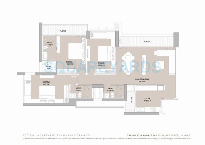 Floor plan of 3 BHK 1820 Sq. Ft. Apartment in Oberoi Realty Splendor Grande, Mumbai