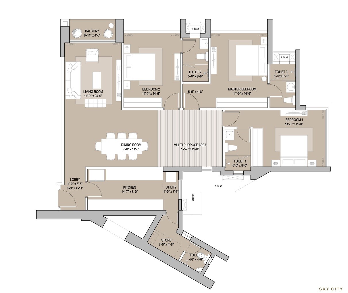 Floor plan of 3 BHK 1054 Sq. Ft. Apartment in Oberoi Sky City, Mumbai