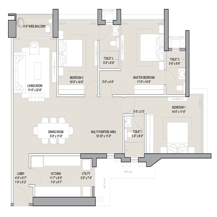 Floor plan of 3 BHK 1320 Sq. Ft. Apartment in Oberoi Sky City, Mumbai