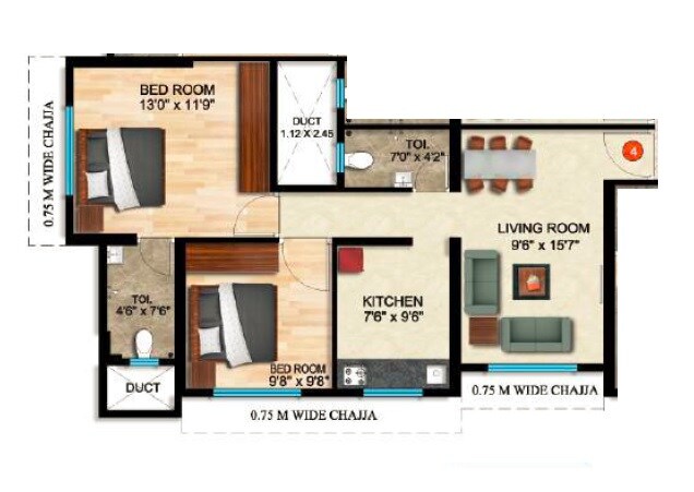Floor plan of 2 BHK 586 Sq. Ft. Apartment in Om Ashoka Heights, Mumbai