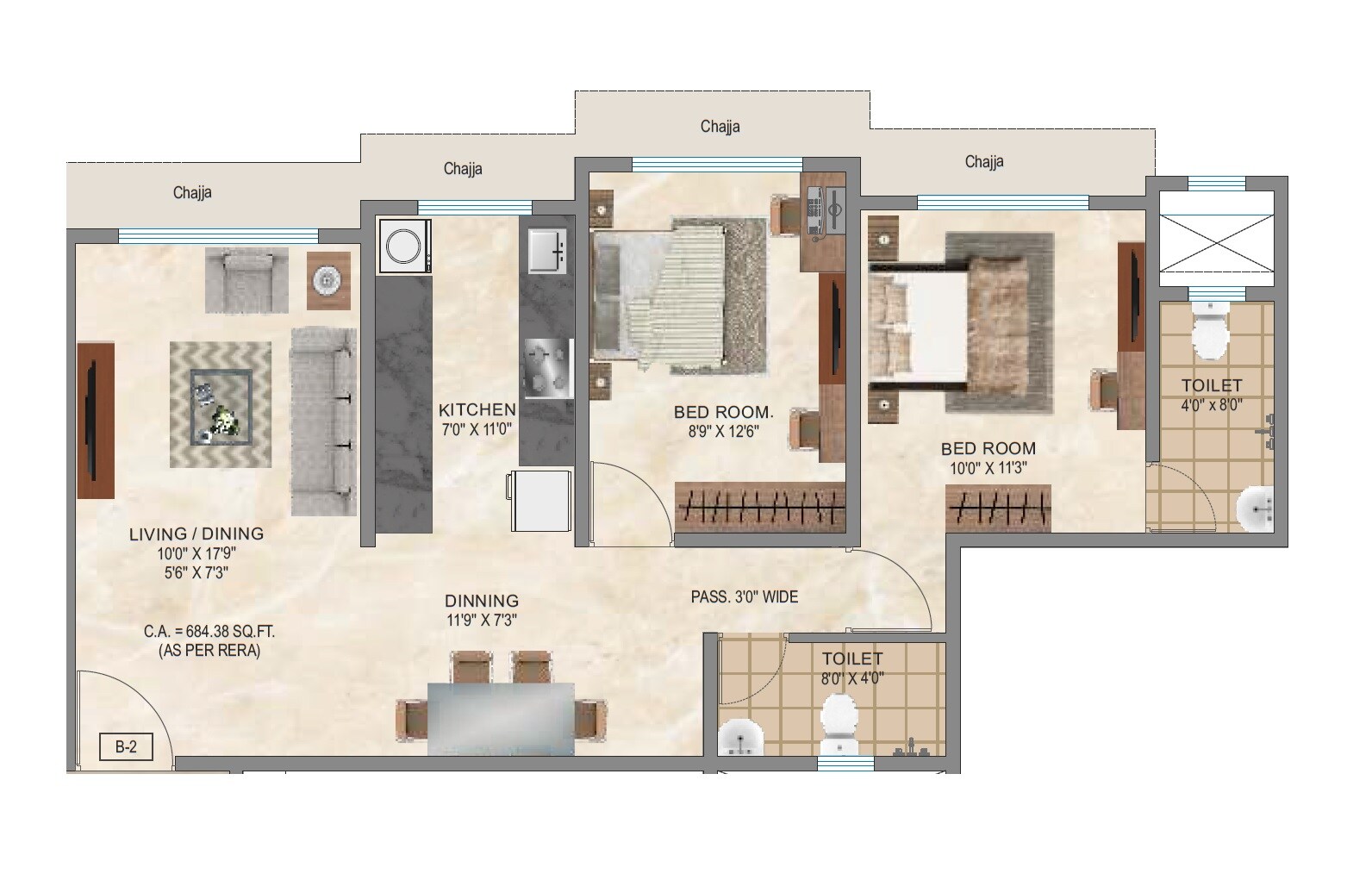 Floor plan of 2 BHK 674 Sq. Ft. Apartment in Om Bellezza Shanti Sadan, Mumbai