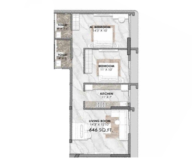 Floor plan of 2 BHK 646 Sq. Ft. Apartment in Om Bhavana Residency, Mumbai