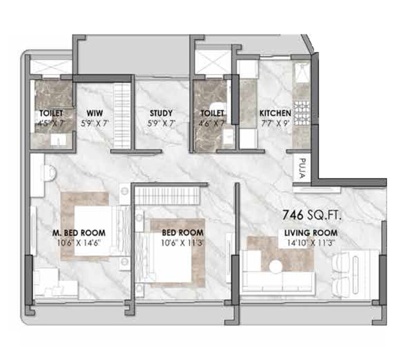 Floor plan of 2 BHK 746 Sq. Ft. Apartment in Om Bhavana Residency, Mumbai