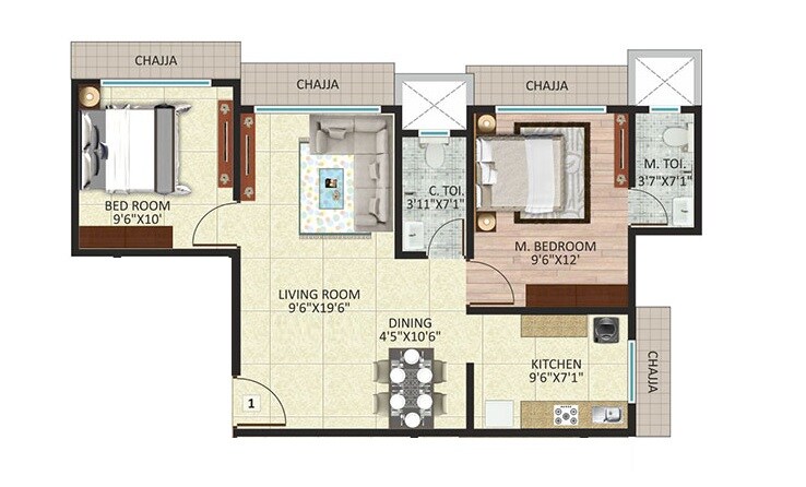 Floor plan of 2 BHK 518 Sq. Ft. Apartment in Om Heights Malad, Mumbai