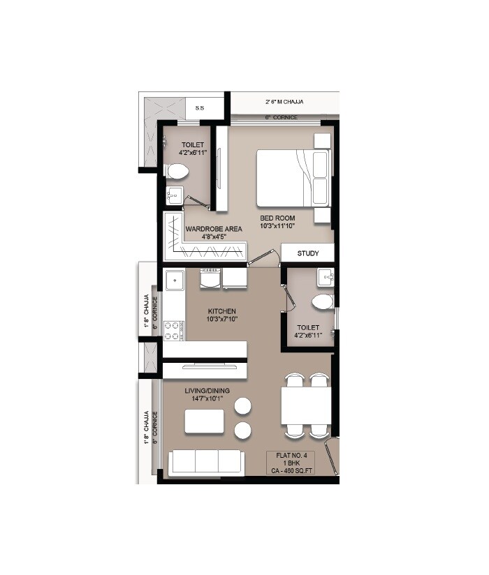 Floor plan of 1 BHK 460 Sq. Ft. Apartment in Om Hirani Elixir, Mumbai