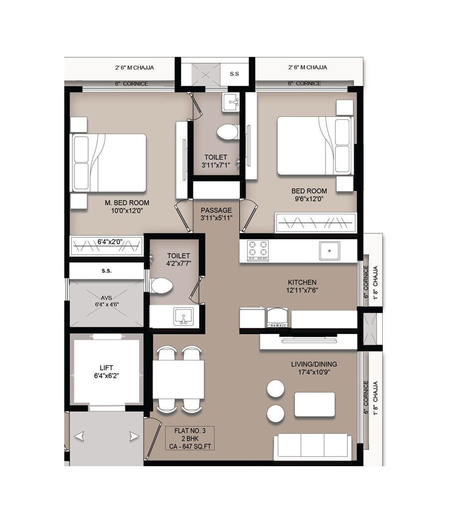 Floor plan of 2 BHK 647 Sq. Ft. Apartment in Om Hirani Elixir, Mumbai