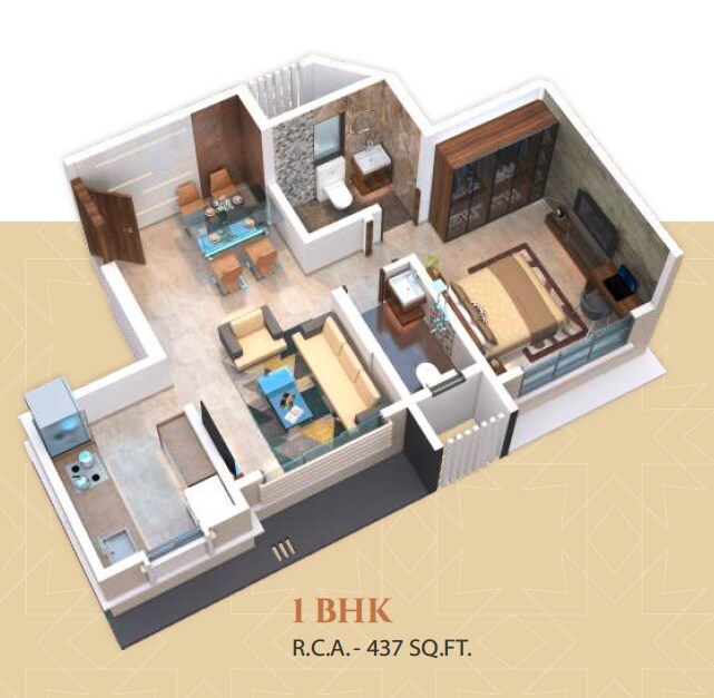 Floor plan of 1 BHK 437 Sq. Ft. Apartment in Om Maruti Residency, Mumbai