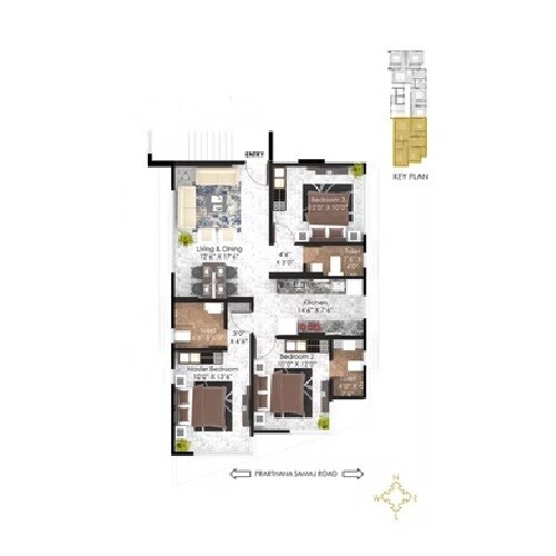 Floor plan of 3 BHK 1075 Sq. Ft. Apartment in Om Paras, Mumbai