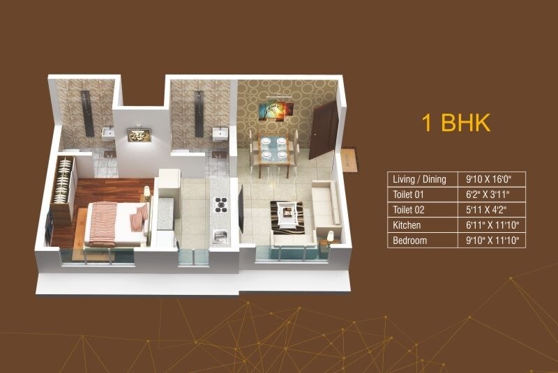 Floor plan of 1 BHK 434 Sq. Ft. Apartment in Om Saath Grandness, Mumbai
