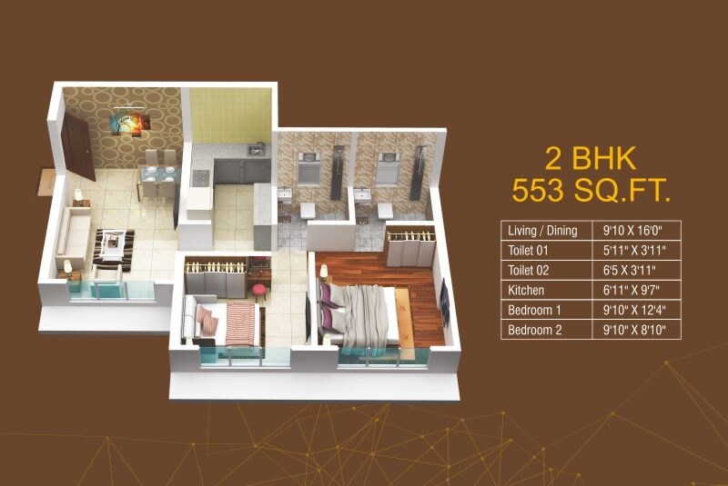 Floor plan of 2 BHK 553 Sq. Ft. Apartment in Om Saath Grandness, Mumbai