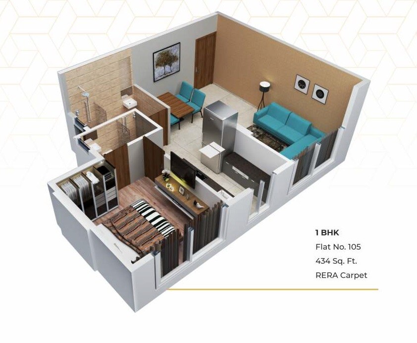 Floor plan of 1 BHK Apartment - 434 sq. ft. in OM Sahyadri CHS, Mumbai
