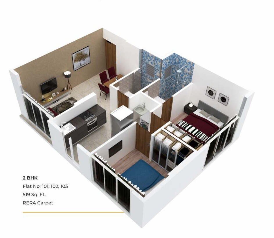 Floor plan of 2 BHK Apartment - 519 sq. ft. in OM Sahyadri CHS, Mumbai