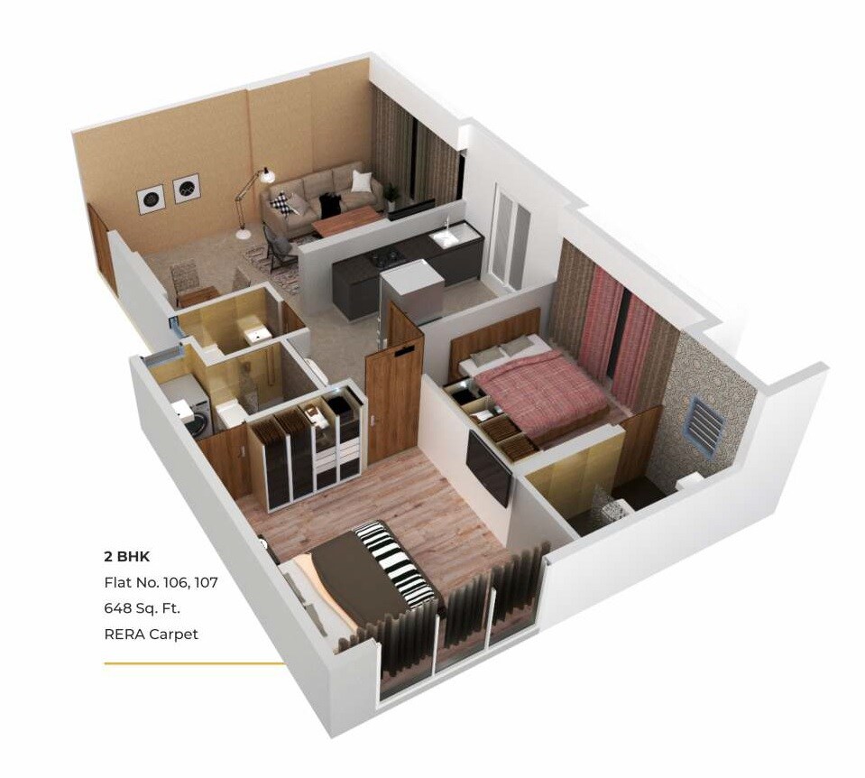 Floor plan of 2 BHK Apartment - 648 sq. ft. in OM Sahyadri CHS, Mumbai