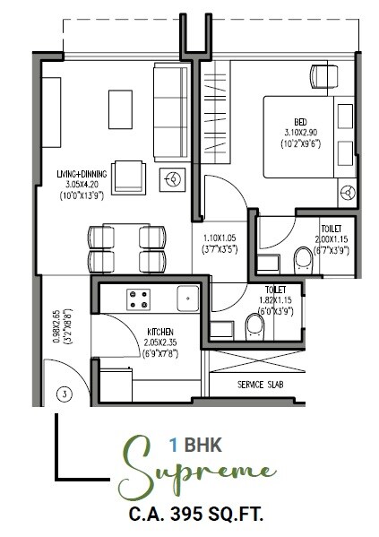 Floor plan of 1 BHK 395 Sq. Ft. Apartment in Om Sai Laxmi Residency, Mumbai