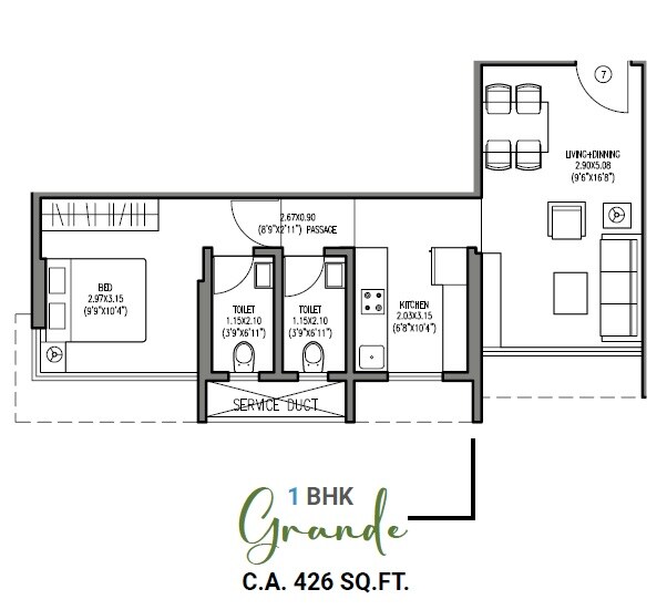 Floor plan of 1 BHK 426 Sq. Ft. Apartment in Om Sai Laxmi Residency, Mumbai