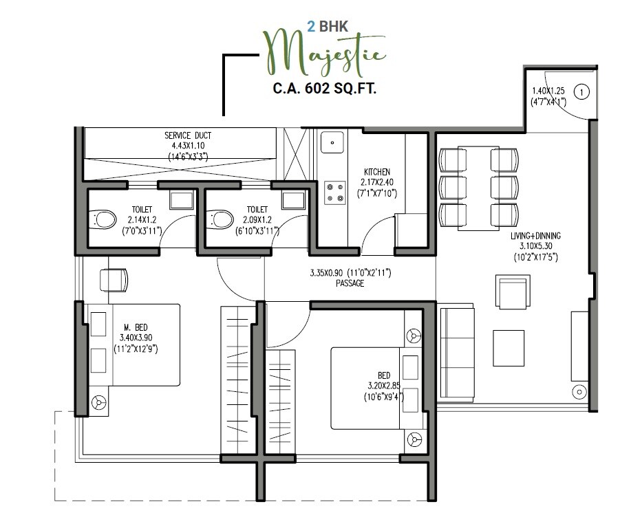 Floor plan of 2 BHK 602 Sq. Ft. Apartment in Om Sai Laxmi Residency, Mumbai