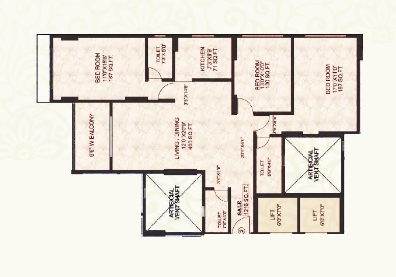 Floor plan of 3 BHK 1098 Sq. Ft. Apartment in Om Sai Union CHS, Mumbai