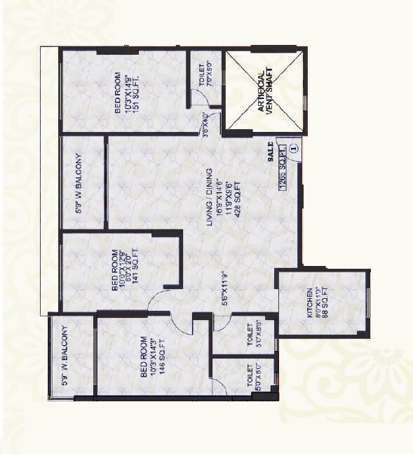 Floor plan of 3 BHK 1172 Sq. Ft. Apartment in Om Sai Union CHS, Mumbai