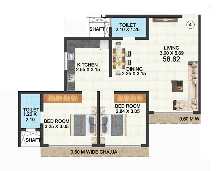 Floor plan of 2 BHK 585 Sq. Ft. Apartment in Om Sai Veer Siddhanak CHS, Mumbai