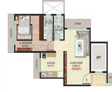 Floor plan of 1 BHK 403 Sq. Ft. Apartment in Om Shiv Om Heights, Mumbai