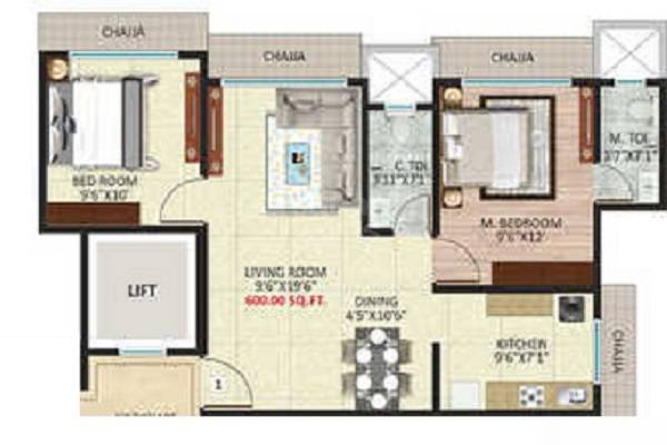 Floor plan of 2 BHK 586 Sq. Ft. Apartment in Om Shiv Om Heights, Mumbai