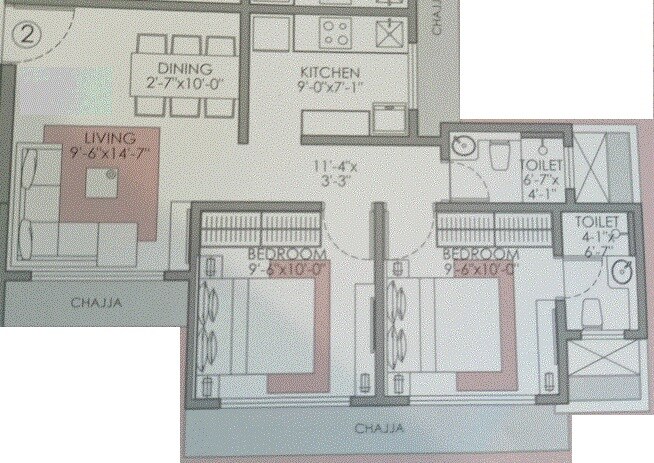Floor plan of 2 BHK 543 Sq. Ft. Apartment in Om Shreenath Krupa CHS, Mumbai