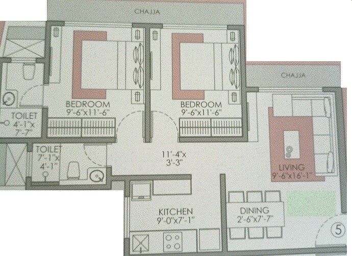 Floor plan of 2 BHK 593 Sq. Ft. Apartment in Om Shreenath Krupa CHS, Mumbai
