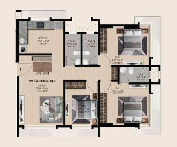 Floor plan of 3 BHK 849 Sq. Ft. Apartment in Omala Hansa Residency, Mumbai