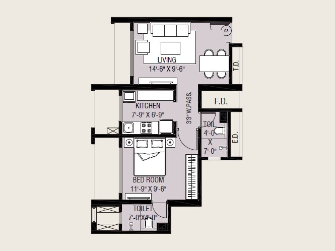 Floor plan of 1 BHK 401 Sq. Ft. Apartment in Omkaar The Grand, Mumbai