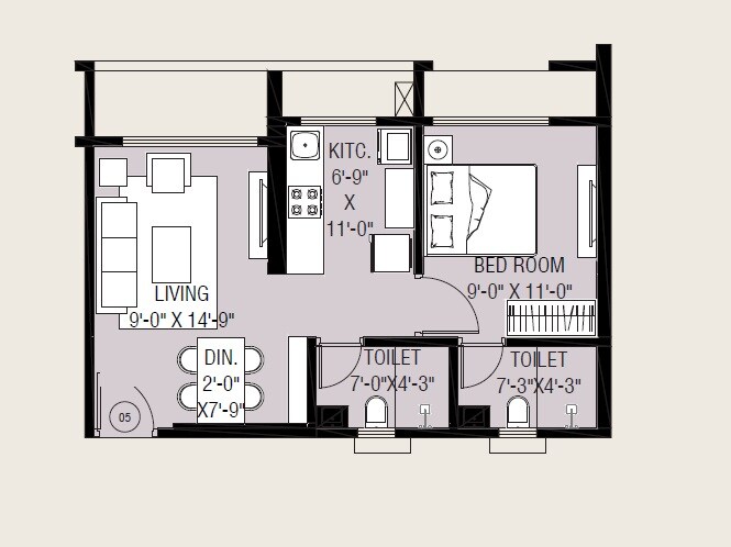Floor plan of 1 BHK 433 Sq. Ft. Apartment in Omkaar The Grand, Mumbai
