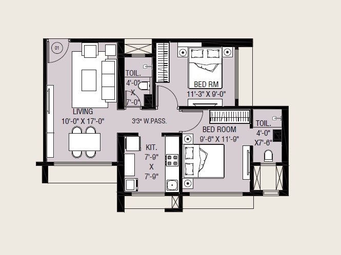Floor plan of 2 BHK 562 Sq. Ft. Apartment in Omkaar The Grand, Mumbai