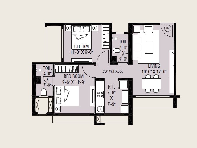 Floor plan of 2 BHK 591 Sq. Ft. Apartment in Omkaar The Grand, Mumbai