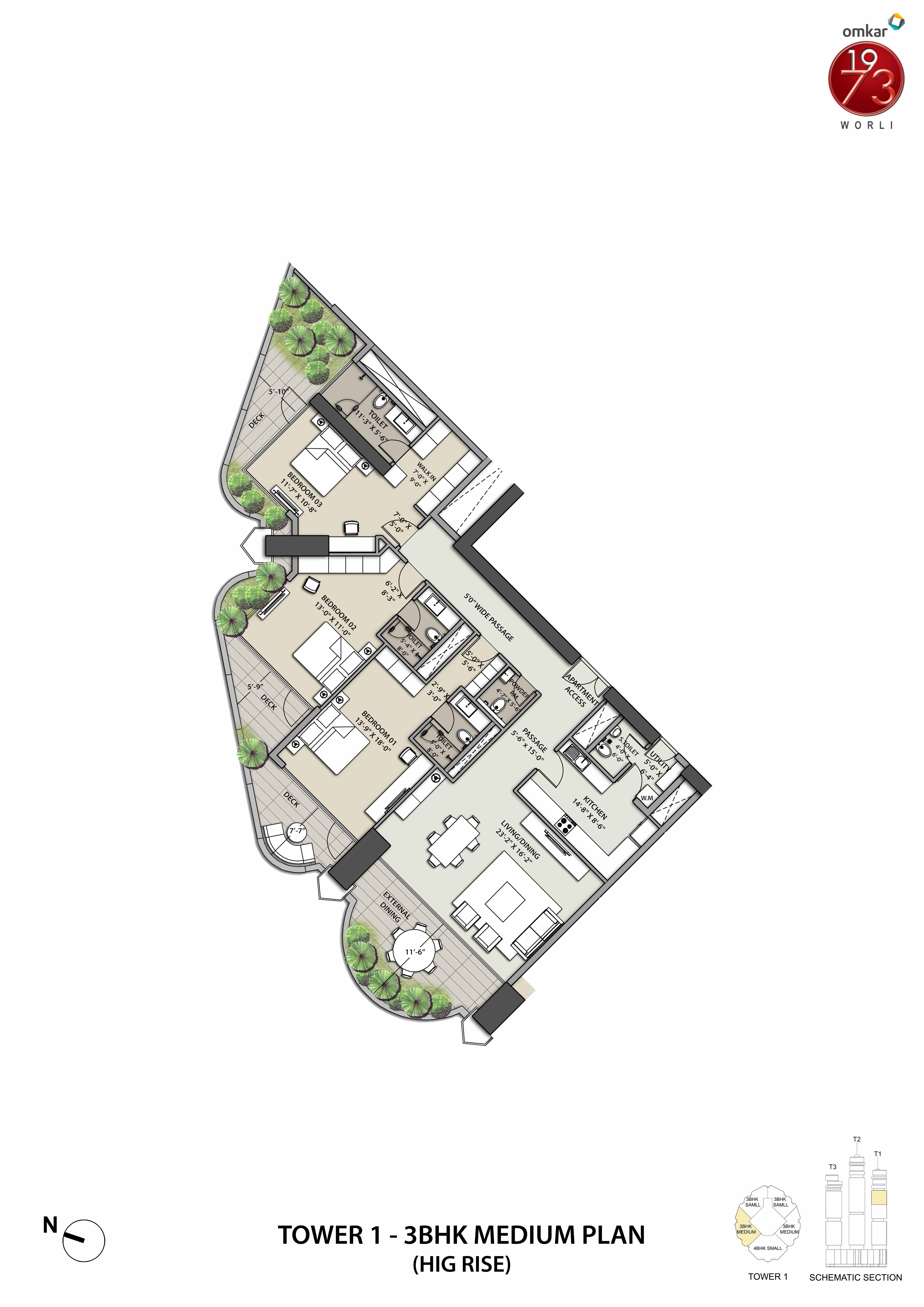 Floor plan of 3 BHK 1335 Sq. Ft. Apartment in Omkar 1973, Mumbai