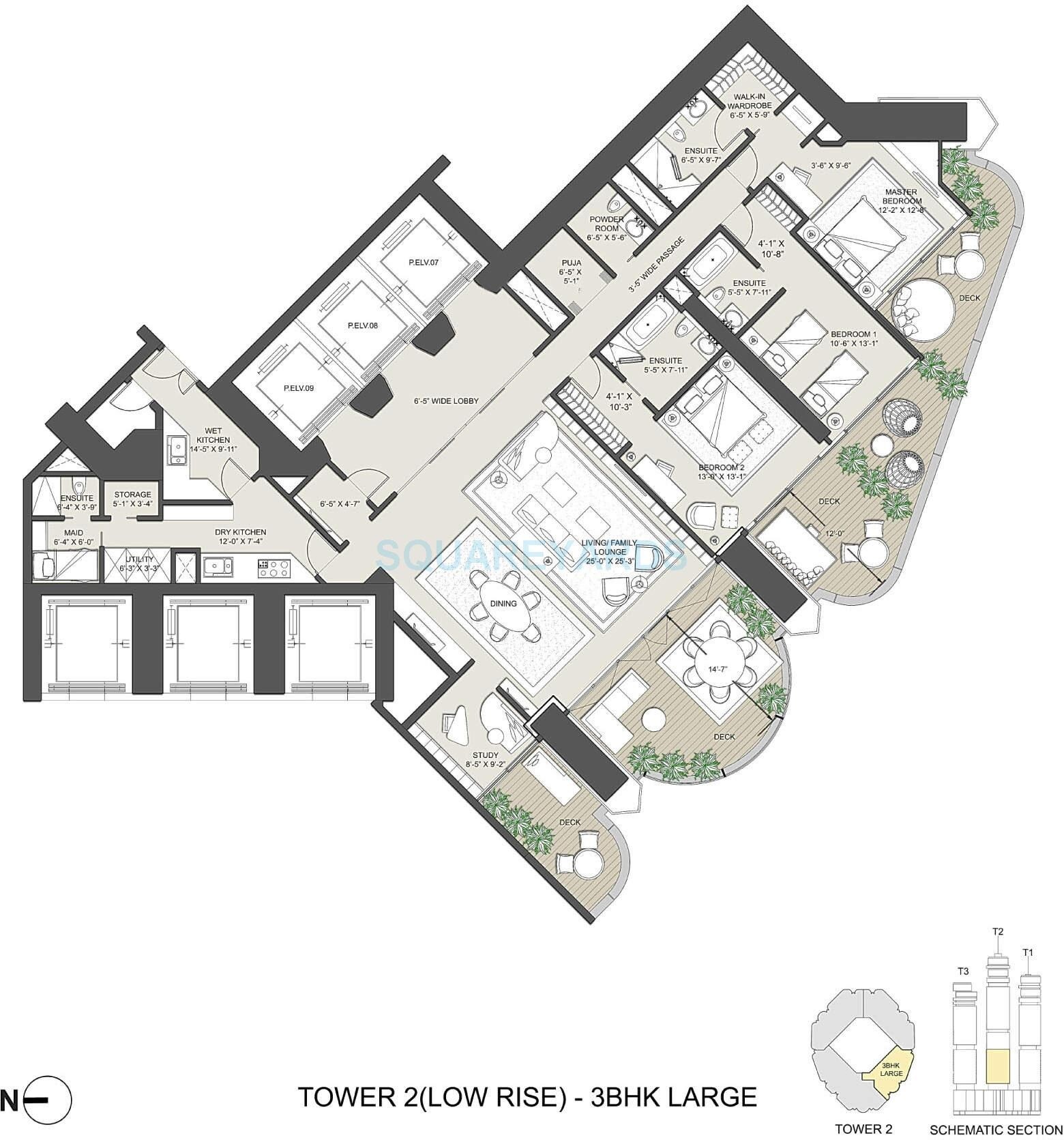 Floor plan of 3 BHK 2497 Sq. Ft. Apartment in Omkar 1973, Mumbai