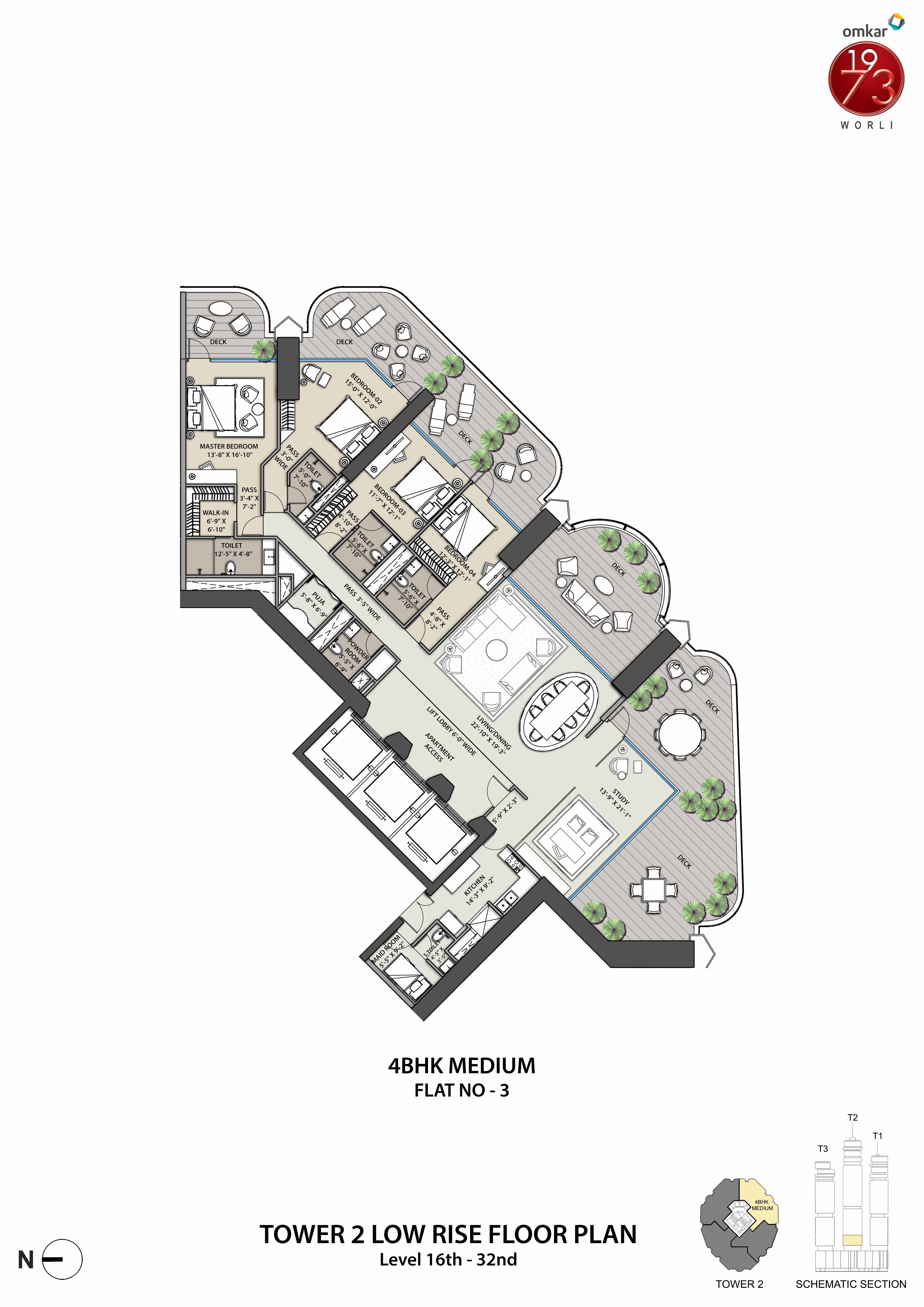 Floor plan of 4 BHK 3600 Sq. Ft. Apartment in Omkar 1973, Mumbai