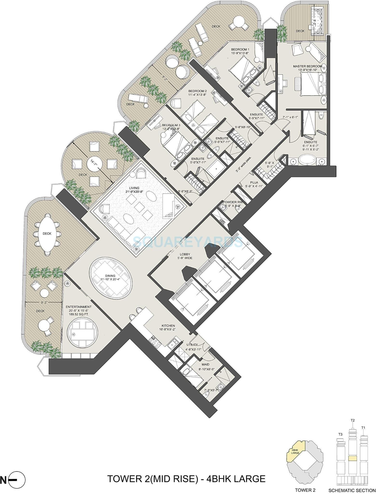 Floor plan of 4 BHK 3700 Sq. Ft. Apartment in Omkar 1973, Mumbai