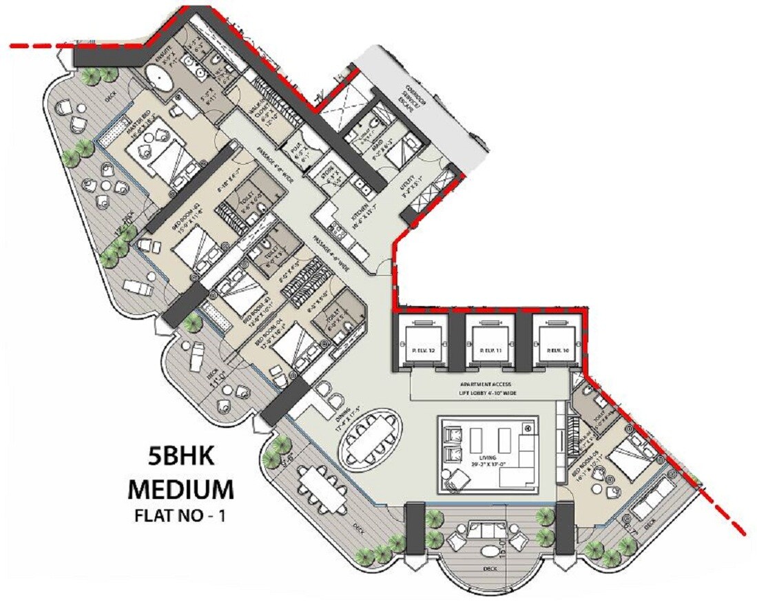 Floor plan of 5 BHK 4300 Sq. Ft. Apartment in Omkar 1973, Mumbai