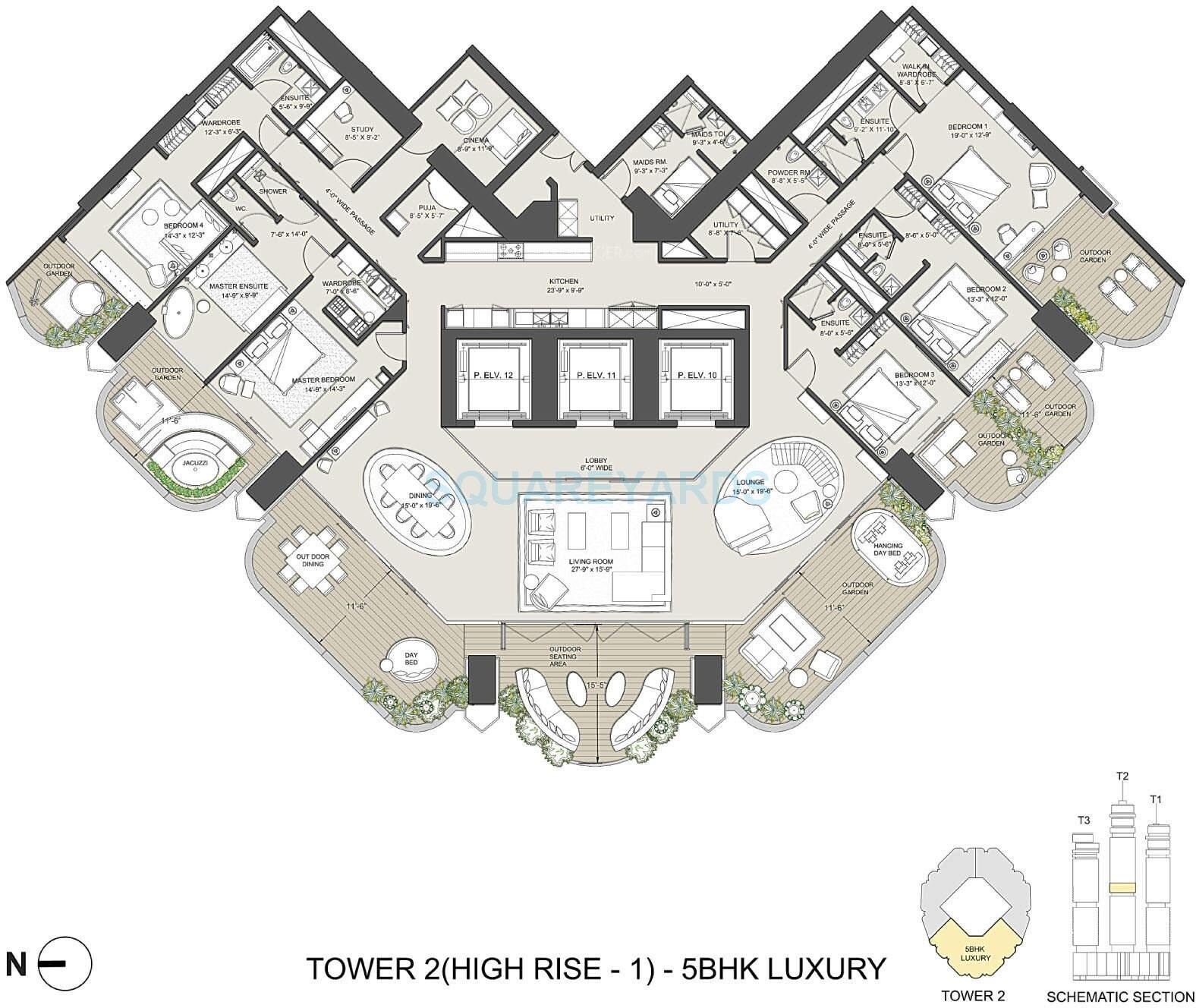 Floor plan of 5 BHK 4700 Sq. Ft. Apartment in Omkar 1973, Mumbai