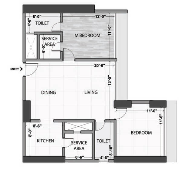 Floor plan of 2 BHK 864 Sq. Ft. Apartment in Omkar Alta Monte, Mumbai