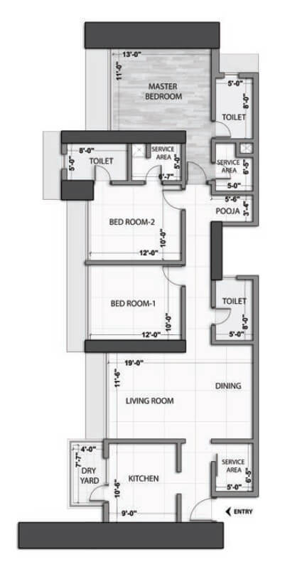 Floor plan of 3 BHK 1300 Sq. Ft. Apartment in Omkar Alta Monte, Mumbai