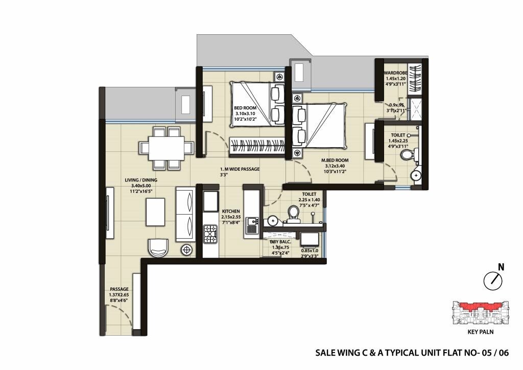 Floor plan of 2 BHK 644 Sq. Ft. Apartment in Omkar Ananta, Mumbai