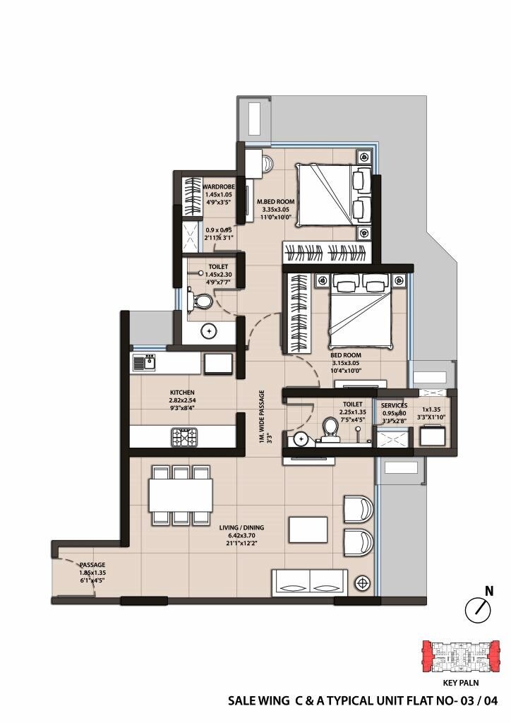 Floor plan of 2 BHK 753 Sq. Ft. Apartment in Omkar Ananta, Mumbai