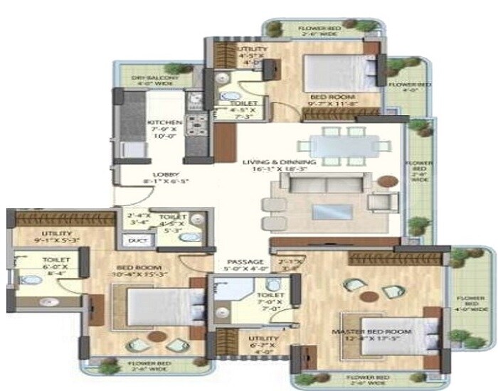 Floor plan of 3 BHK Apartment - 1250 sq. ft. in Omkar Belleza, Mumbai