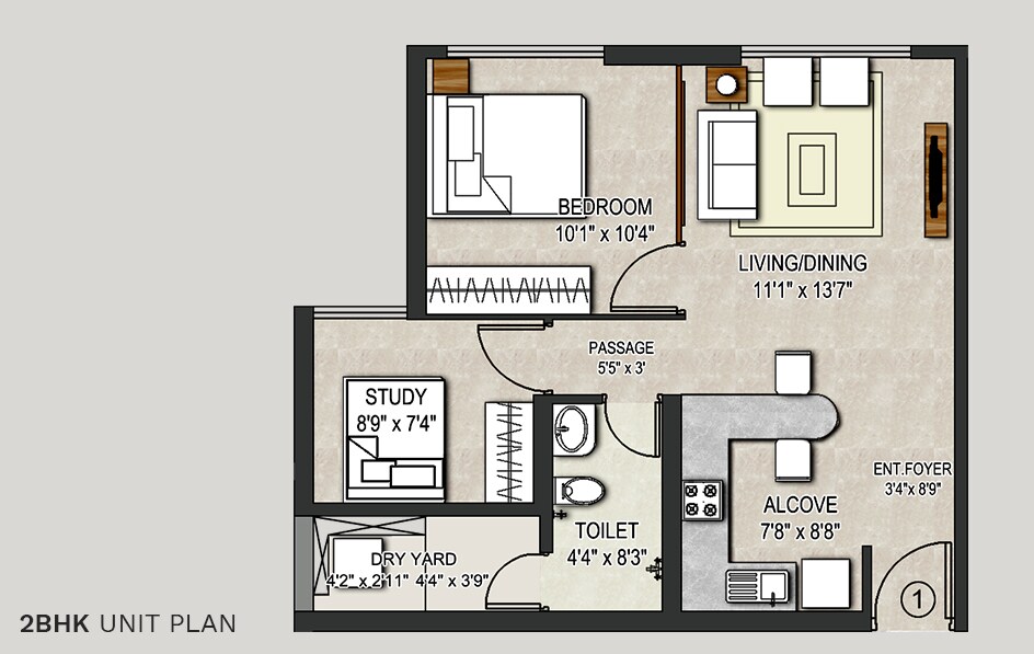 Floor plan of 1 BHK 845 Sq. Ft. Apartment in Omkar BKC Crossing Phase 2, Mumbai